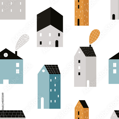 Vector hand-drawn colored seamless repeating childish simple pattern with cute houses in Scandinavian style on a white background. Childish seamless pattern with houses. City. Houses. Architecture.