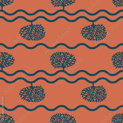 Vector cooper terracotta dark blue tree curly lines hand drawn seamless pattern print background.