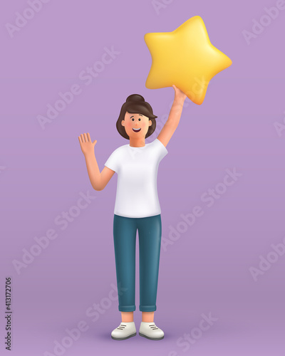 3D cartoon character. Young woman waving hand saying hi and holding a big star. Customer review rating and client feedback concept. Smiling cute brunette girl.  3d vector illustration.