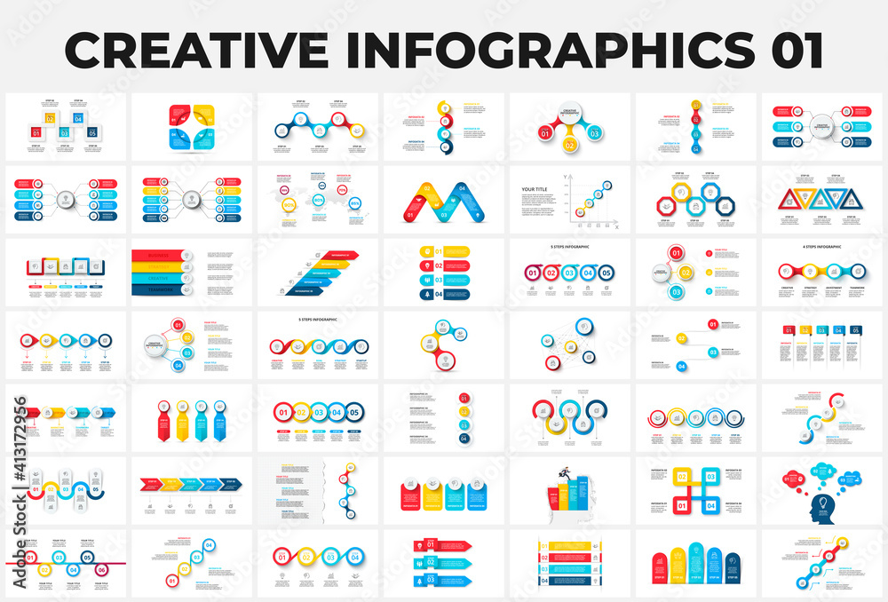 Big set of infographic elements. Can be used for steps, business processes, workflow, diagram, flowchart concept and timeline. Data visualization vector design template