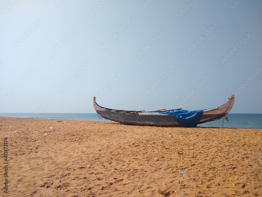 Fishing boats on the seashore, seascape view Thiruvananthapuram Kerala