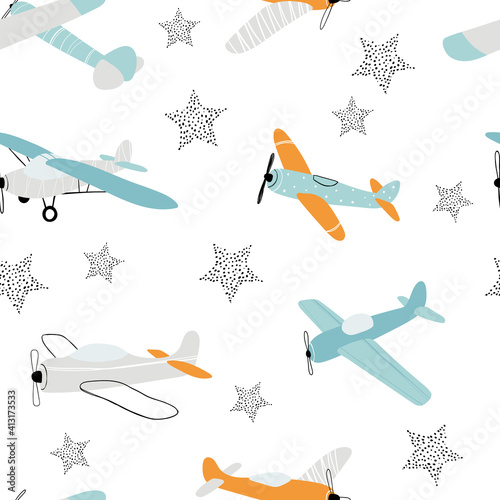 Vector hand-drawn seamless repeating children simple pattern with aircraft and stars in Scandinavian style on a white background.Kids seamless pattern with planes. Funny airplanes.