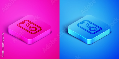 Isometric line Infographic of city map navigation icon isolated on pink and blue background. Mobile App Interface concept design. Geolacation concept. Square button. Vector.