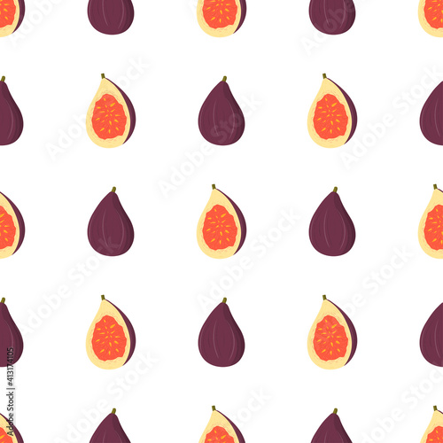 Seamless pattern on white background with hand drawn vector purple fig fruit, whole and half alternates. Healthy food minimal background. Organic textile. Natural backdrop. Fabric print texture.