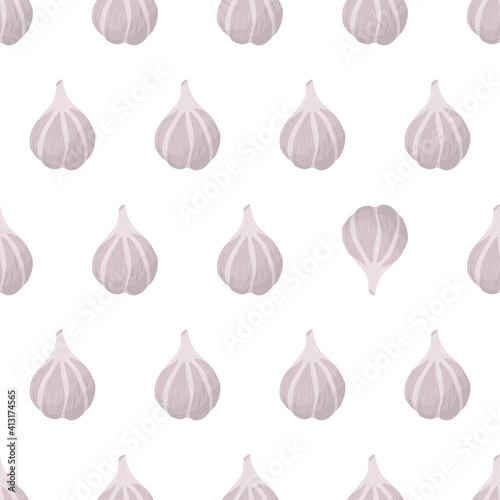 Garlic bulb seamless pattern in cartoon art style with eye catching element. Vector illustration graphic design. Healthy food background. Vegetable, spice for cooking.