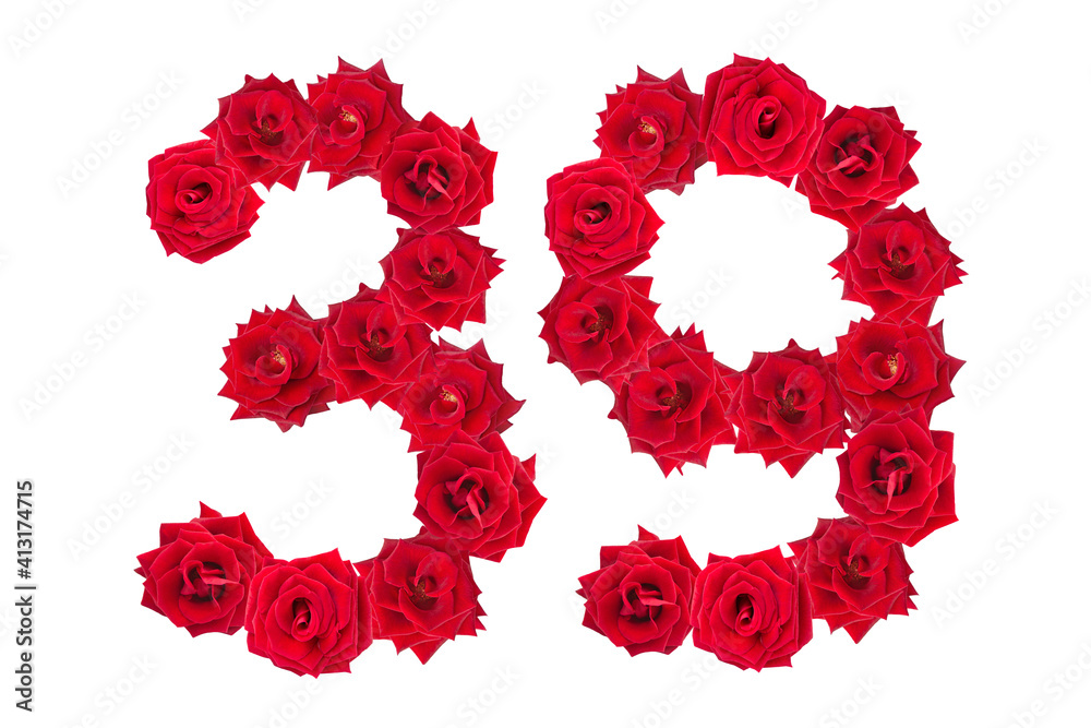 Numeral 39 made of red roses on a white isolated background. Element for decoration. Thirty nine. Red roses.