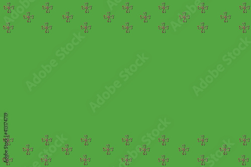 Minimal pattern of eight candy canes forming four hearts. Flat lay arrangements on attractive green background. Clever copy space ideal for celebration.