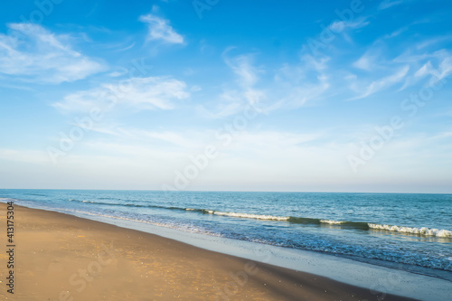  Beautiful beach and tropical sea, Wave of the sea on the sand beach and Nature background.soft and blur focus. 