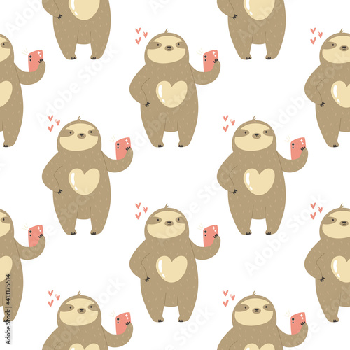 Seamless pattern with cute sloths taking selfies. Vector illustration with funny characters.