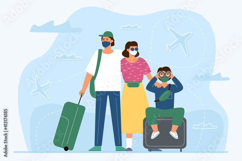 The concept of travel during the coronavirus epidemic, Vaxications. Family in masks standing with a suitcase on the background of flying planes.