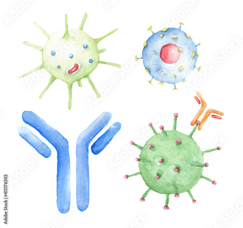 Hand drawn watercolor multicolored viruses and antibodies isolated on white background. Abstract microbiology set for medical poster. Microscopic cell illness for medical, science design. The effect