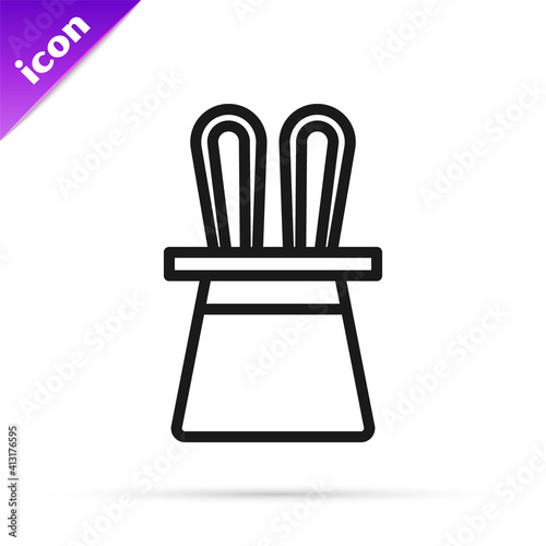 Black line Magician hat and rabbit ears icon isolated on white background. Magic trick. Mystery entertainment concept. Vector.