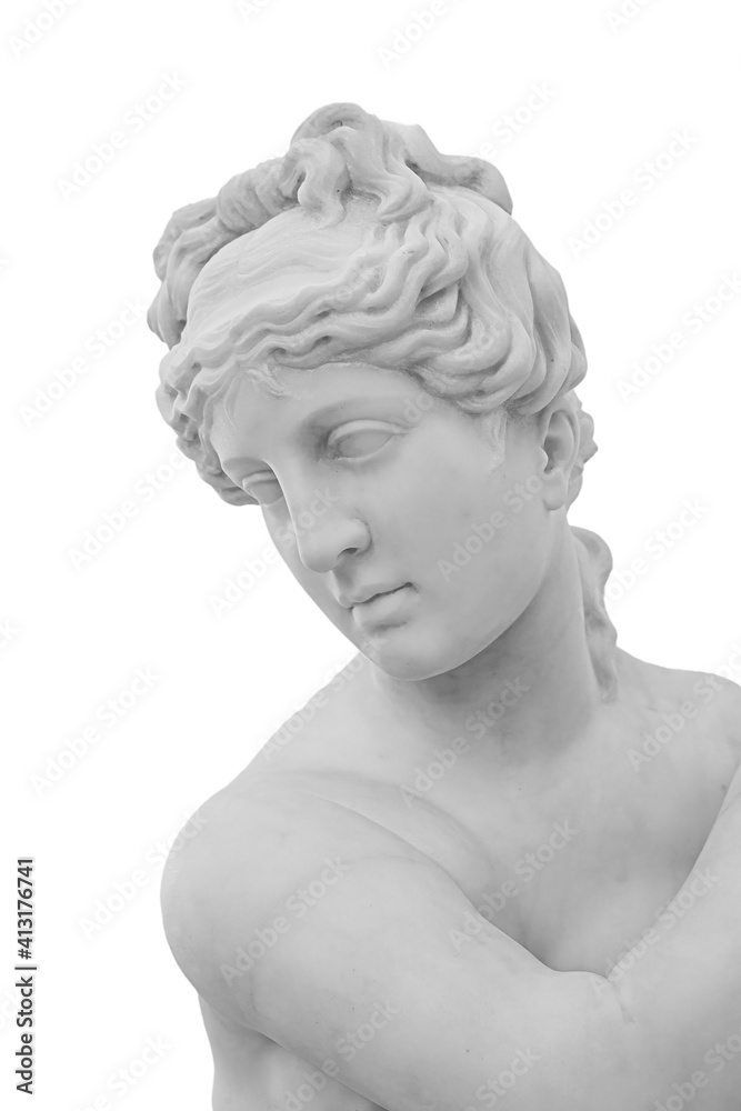 Obraz premium Ancient white marble sculpture head of young woman. Statue of sensual renaissance art era woman antique style. Face isolated on white background