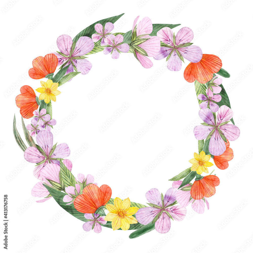 watercolor frame of flowers, greeting of easter, red, yellow, green, pink color. Stock illustration, isolated on white.