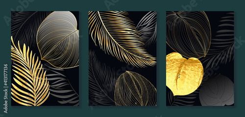 Luxury gold wallpaper.  Black and golden background. Tropical leaves wall art design with dark blue and green color, shiny golden light texture. Modern art mural wallpaper. Vector illustration.