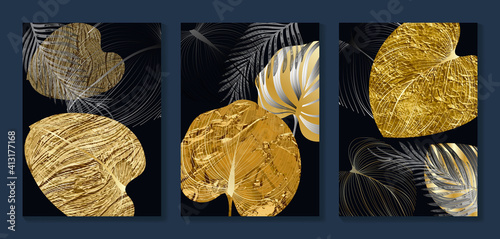 Luxury gold wallpaper.  Black and golden background. Tropical leaves wall art design with dark blue and green color, shiny golden light texture. Modern art mural wallpaper. Vector illustration.