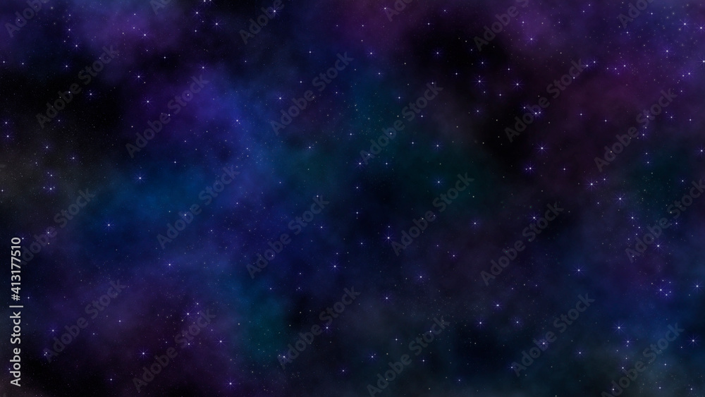 Plakat 8K starfield with blue and violet gaseous nebula cloud. artist rendition of starry background in outerspace.