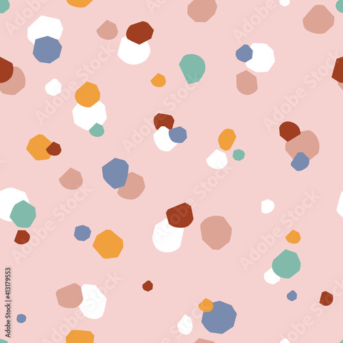 Childish paper cut shape pink terrazzo vector seamless pattern. Quirky dots baby abstract print design Colourful whimsical geometric background