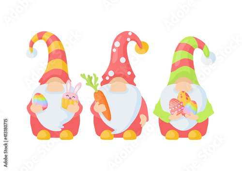 Cute Easter gnomes holding different Easter things.  Colorful funny easter dwarfs with easter eggs, carrot and muffin. Isolated on white.