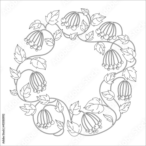 Black and white floral illustration with berries and leaves. Great graphic element for doodle design.