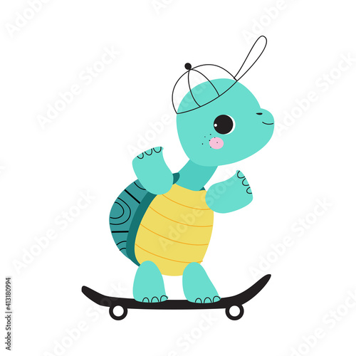 Cute Turtle with Shell and Short Feet Wearing Baseball Cap Skateboarding Vector Illustration