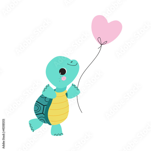 Cute Turtle with Shell and Short Feet Holding Toy Balloon Vector Illustration