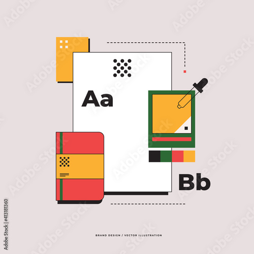 Branding design development concept. Elements of corporate identity. Notepad, letterhead, font. Modern vector flat illustration.