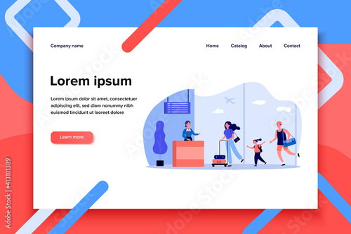 Travelers running for flight registration. Passenger, plane, airport flat vector illustration. Vacation and travel concept for banner, website design or landing web page