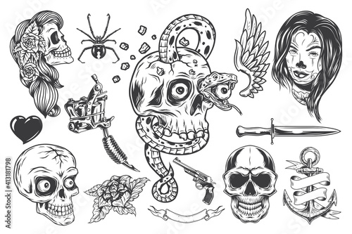 Isolated illustrations set - skulls, girl face, tattoo machine, knife, heart, spider, anchor, wing and rose.