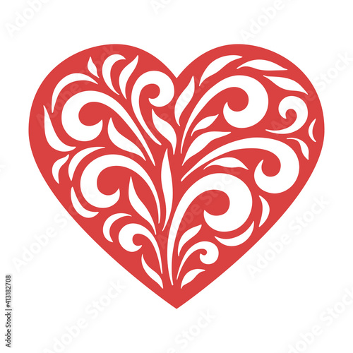Heart with curved leaves. Template for cutting, layout of wedding invitations, cards for Valentine's Day, for Mother's Day. Curly vector drawing for laser cutting or wood carving Vector illustration