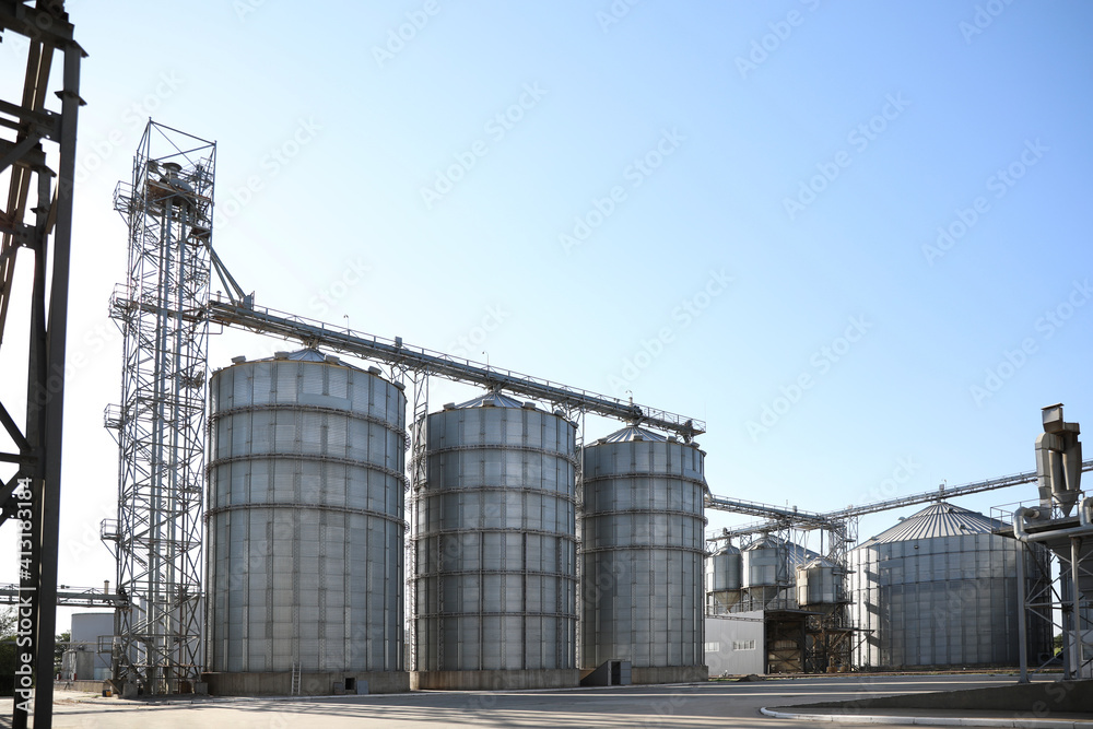 View of modern granaries for storing cereal grains outdoors