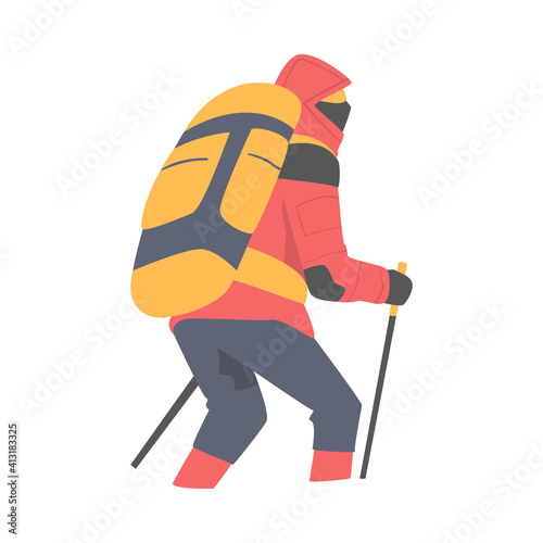 Man Character with Backpack Ascending Mountain Vector Illustration