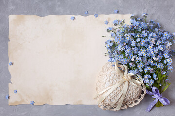  Bouquet of forget me nots flowers and congratulatory paper, letter, heart