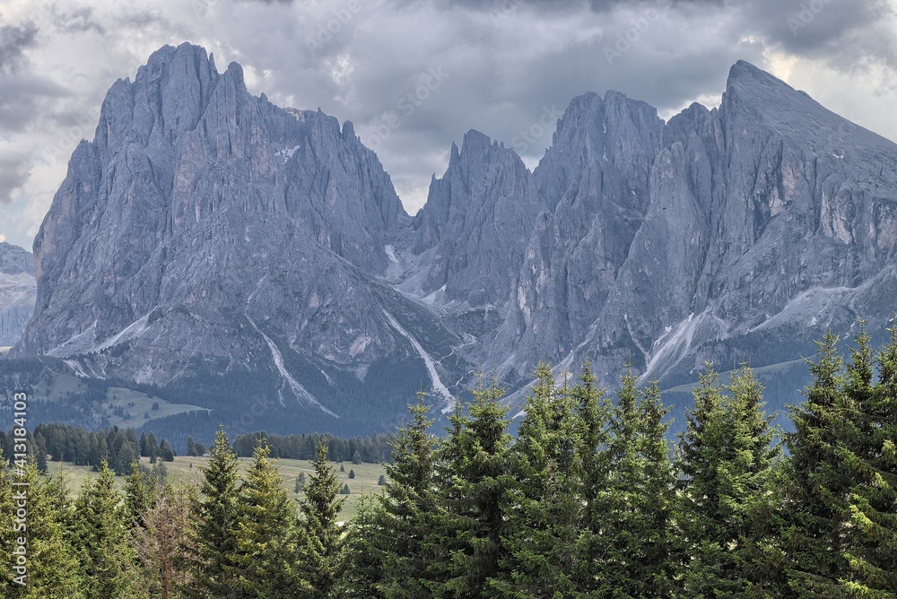 Panoramic view of the Sassolungo Group from the Alpe di Siusi, South Tyrol, Italy