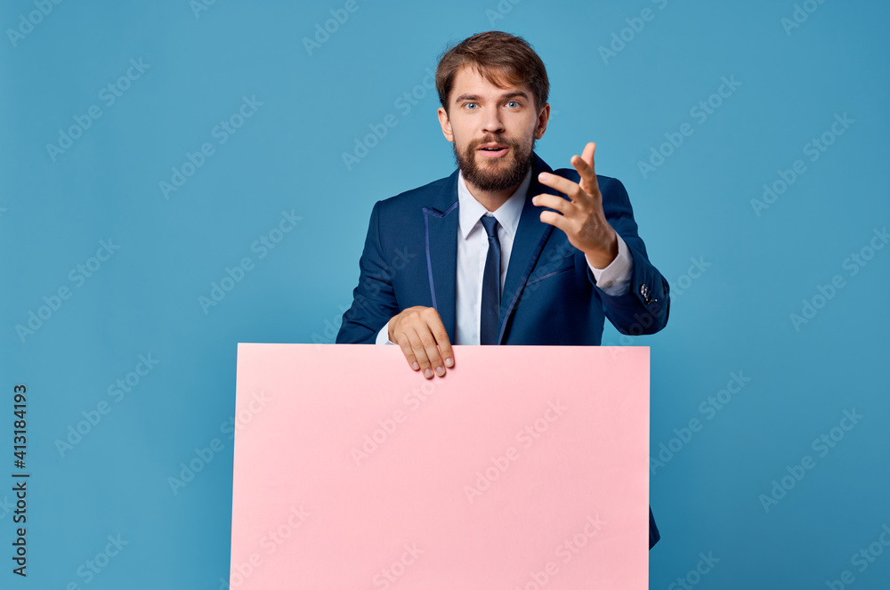 Cheerful business man in suit pink mockup poster executive advertisement