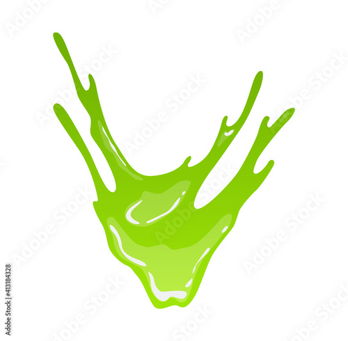 Green slime. Goo blob splashes, toxic dripping mucus. Slimy splodge and drops, liquid borders. Cartoon isolated vector decorative forms of playing blotch. Snot