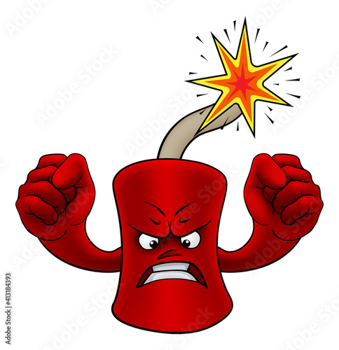 A firecracker or dynamite cartoon angry firework mascot with fists raised