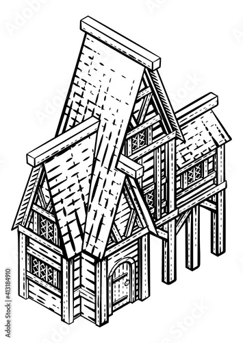Valokuvatapetti A medieval building map icon isometric illustration in a vintage retro engraved