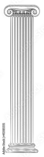 Classic Greek or Roman column pillar illustration in a vintage retro woodcut etching style