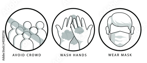 Wash hands, avoid crowd, wear mask corona preventing methods. web icons vector isolated on white background. 