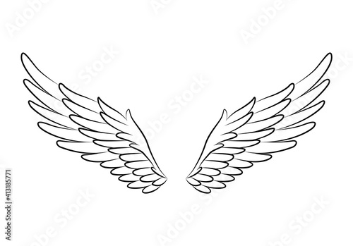 Vintage heraldic wings sketch. Doodle stylized birds wings. Hand drawn contoured stiker wing in open position. Design elements in coloring style