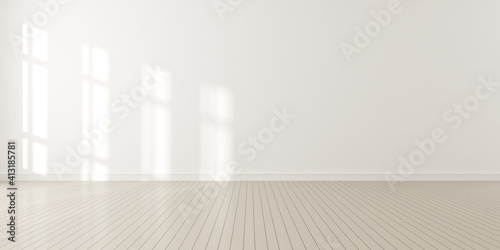 Fototapeta Naklejka Na Ścianę i Meble -  3d render of modern empty room with wooden floor and large white plain wall.