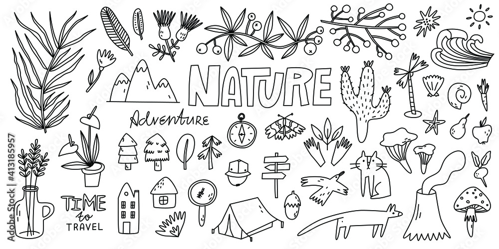 doodle nature vector illustration, ideal for coloring