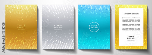 Modern premium cover design set. Sparkle pattern on gold, silver, blue background useful for holiday party poster, notebook template, invite card