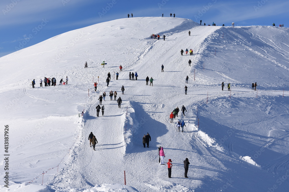 Kasprowy Wierch mountain, winter in the Tatras, tourists and skiers