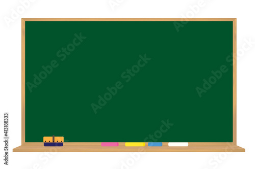 学校の黒板、チョークと黒板消し　Blackboard, chalk and eraser in school