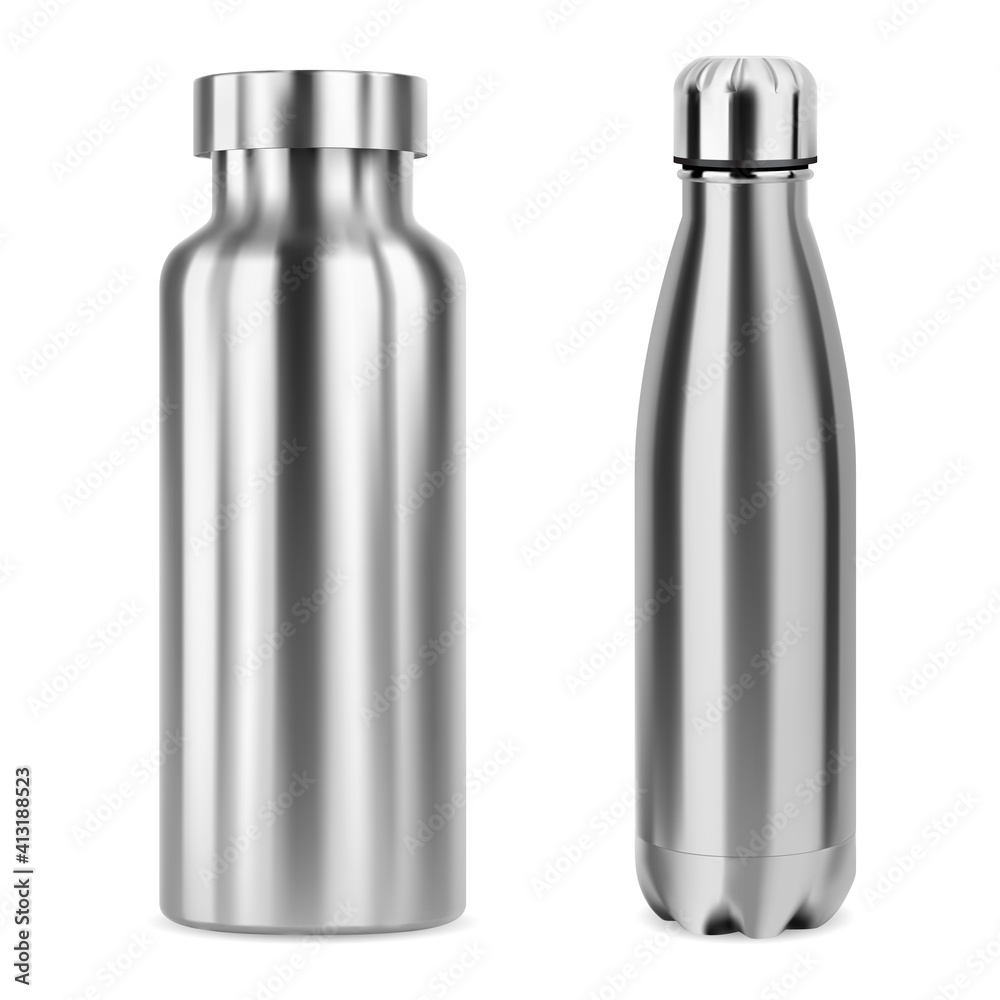 Metal whater bottle. Stainless steel bottles mockup isolated on white. Aluminum thermo flask blank, camping product. Silver metal tin for brand promotion. Empty can template, glossy package Metal whater bottle. Stainless steel bottles mockup isolated on white. Aluminum thermo flask blank, camping product. Silver metal tin for brand promotion. Empty can template, glossy package