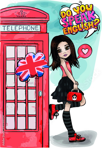London girl leaning on a typical English phone booth. Pretty young woman in black mini skirt and high socks holding a purse and speaking English. Vector illustration.
