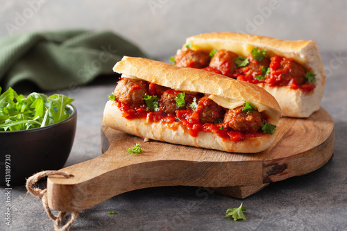 meatball sub sandwich with cheese and marinara tomato sauce. american italian fast food