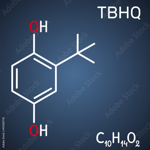 TBHQ, tert-Butylhydroquinone, tertiary butylhydroquinone molecule. It is antioxidant, food additive E319, derivative of hydroquinone. Dark blue background